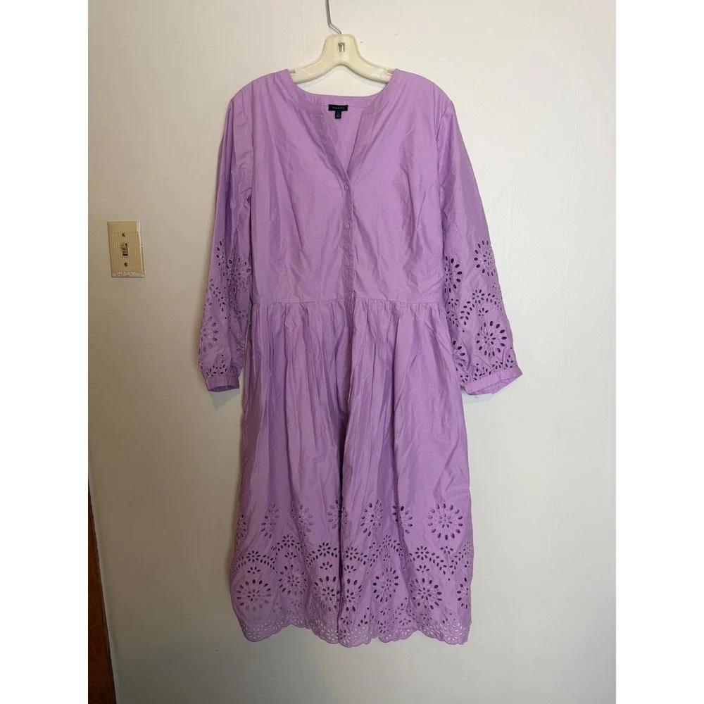 Talbots Purple Cotton Eyelet Midi Shirtdress Lavender boho quiet luxury 14 - Picture 3 of 12